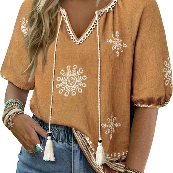 Tops - Womens Summer Boho Tops Casual V Neck Short Sleeve Blouses Floral Print Shirt Ti